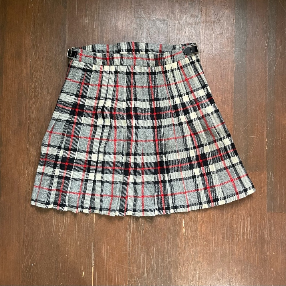 100% wool vintage plaid wrap skirt with buckle closures